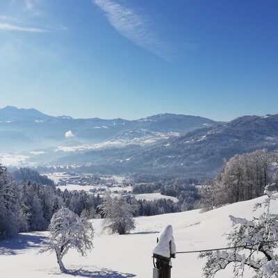 Snowy view from the terrace of the farm shop