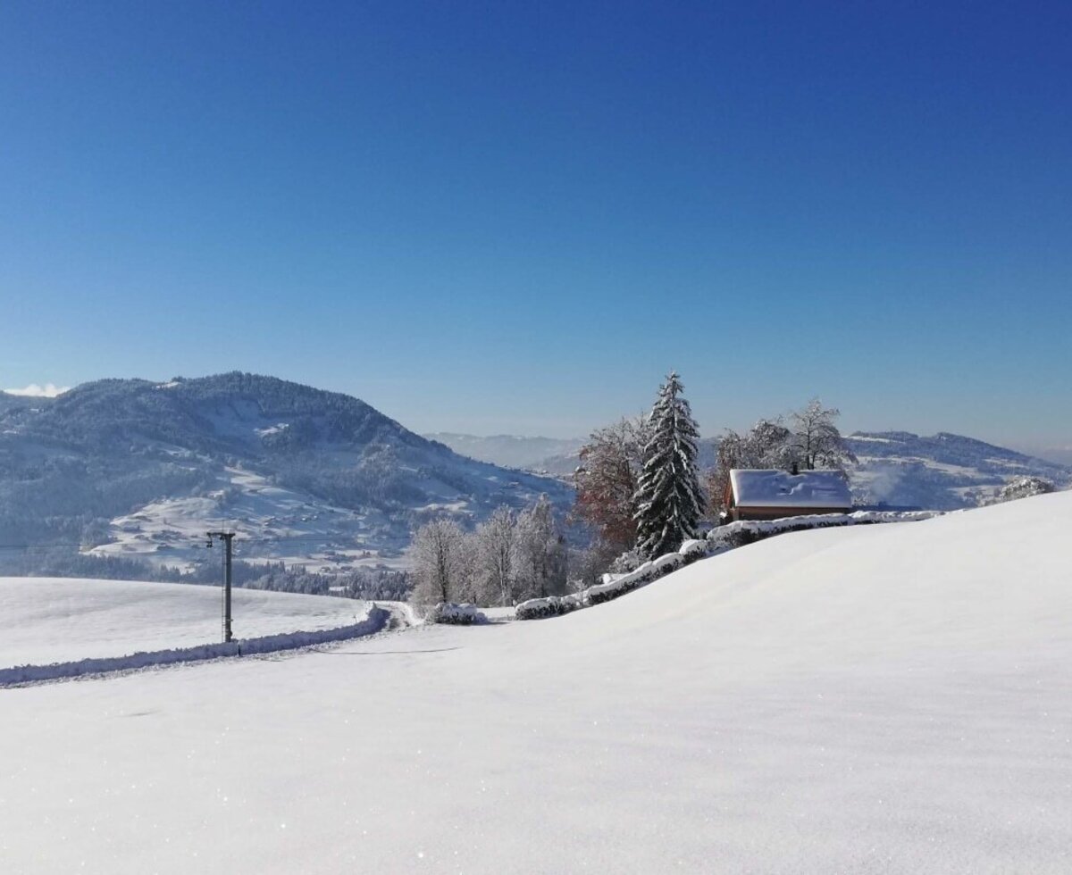 The snowy winter landscape of the farmhouse in alone location with mountains in the background, a building, and a ski lift pole.