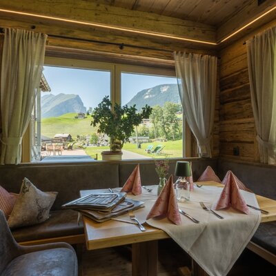 A cozy dining corner in the farmhouse featuring warm wood paneling and scenic mountain views through the window.