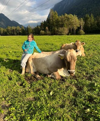 Child petting a cow in the farmhouse meadow, with other cows and mountains in the background.