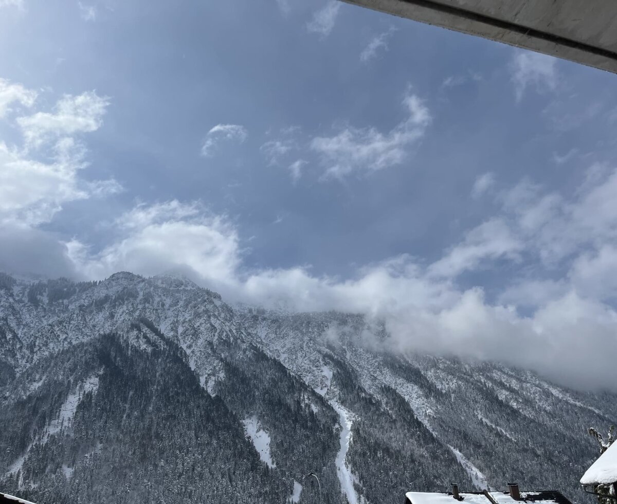 View of the snow-covered mountains from the Bauernhof.