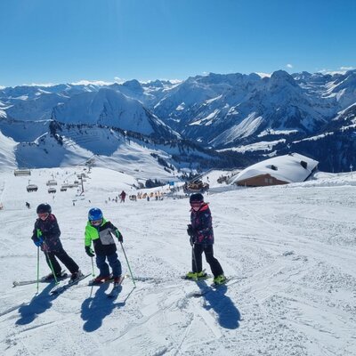 Three children skiing on a ski slope with a mountain panorama and ski lifts, a possible activity near the farmhouse.