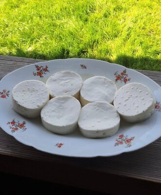 Fresh cheese from the farmhouse, served on a plate.
