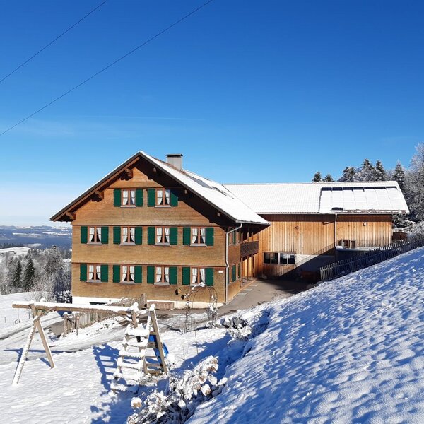 The wooden Farm House featuring green shutters and a snow-covered roof, situated in a winter landscape with a children's swing set. The wooden Farm House featuring green shutters and a snow-covered roof, situated in a winter landscape with a children's swing set.