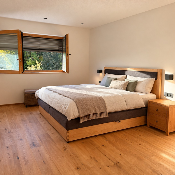 An inviting bedroom featuring a cozy wooden double bed