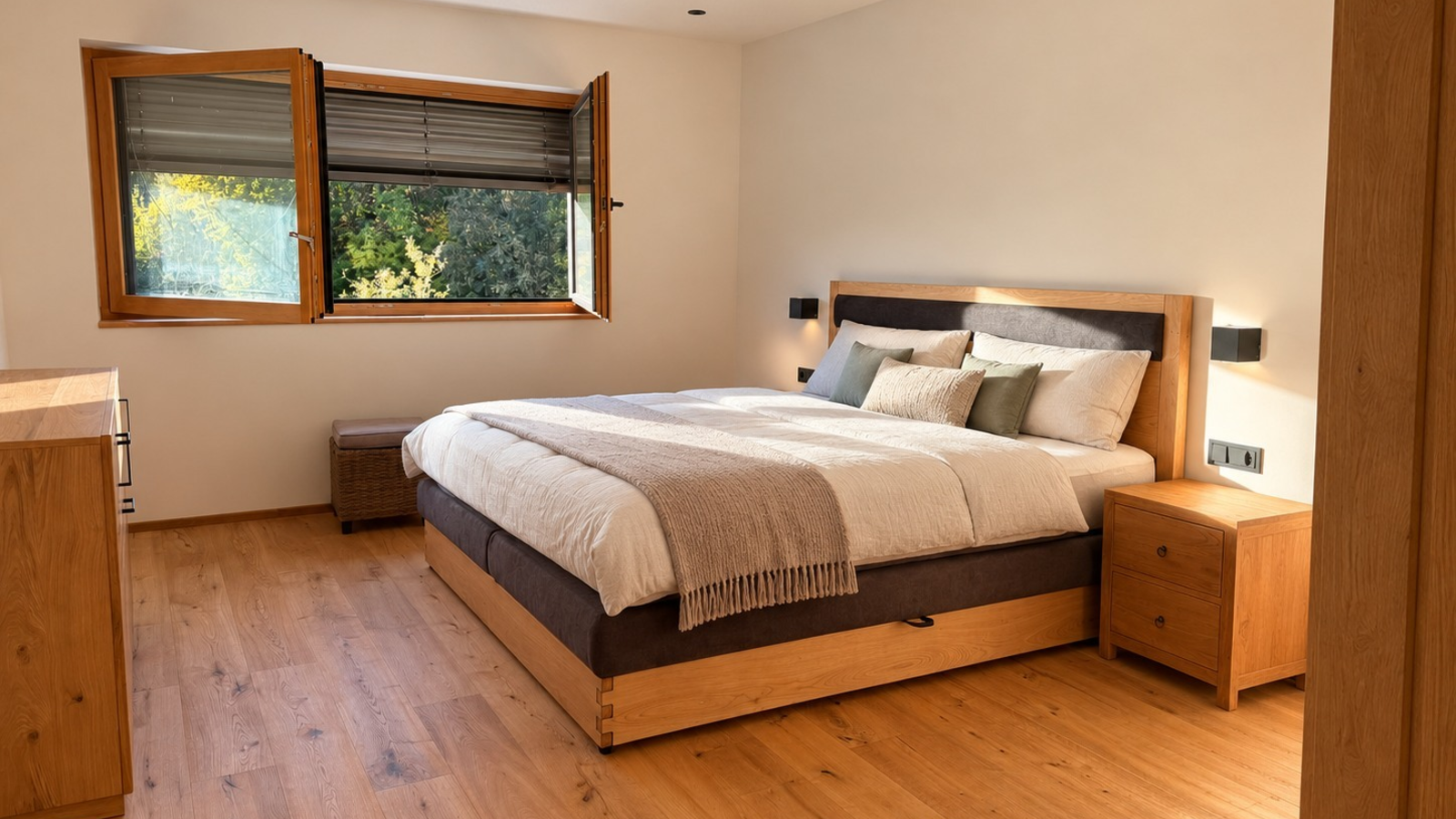 An inviting bedroom featuring a cozy wooden double bed