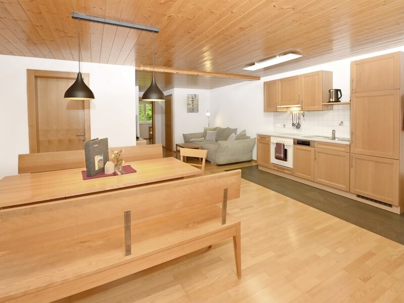 The open-plan living area of the apartment with dining space, fully equipped kitchen, and living room with a sofa.