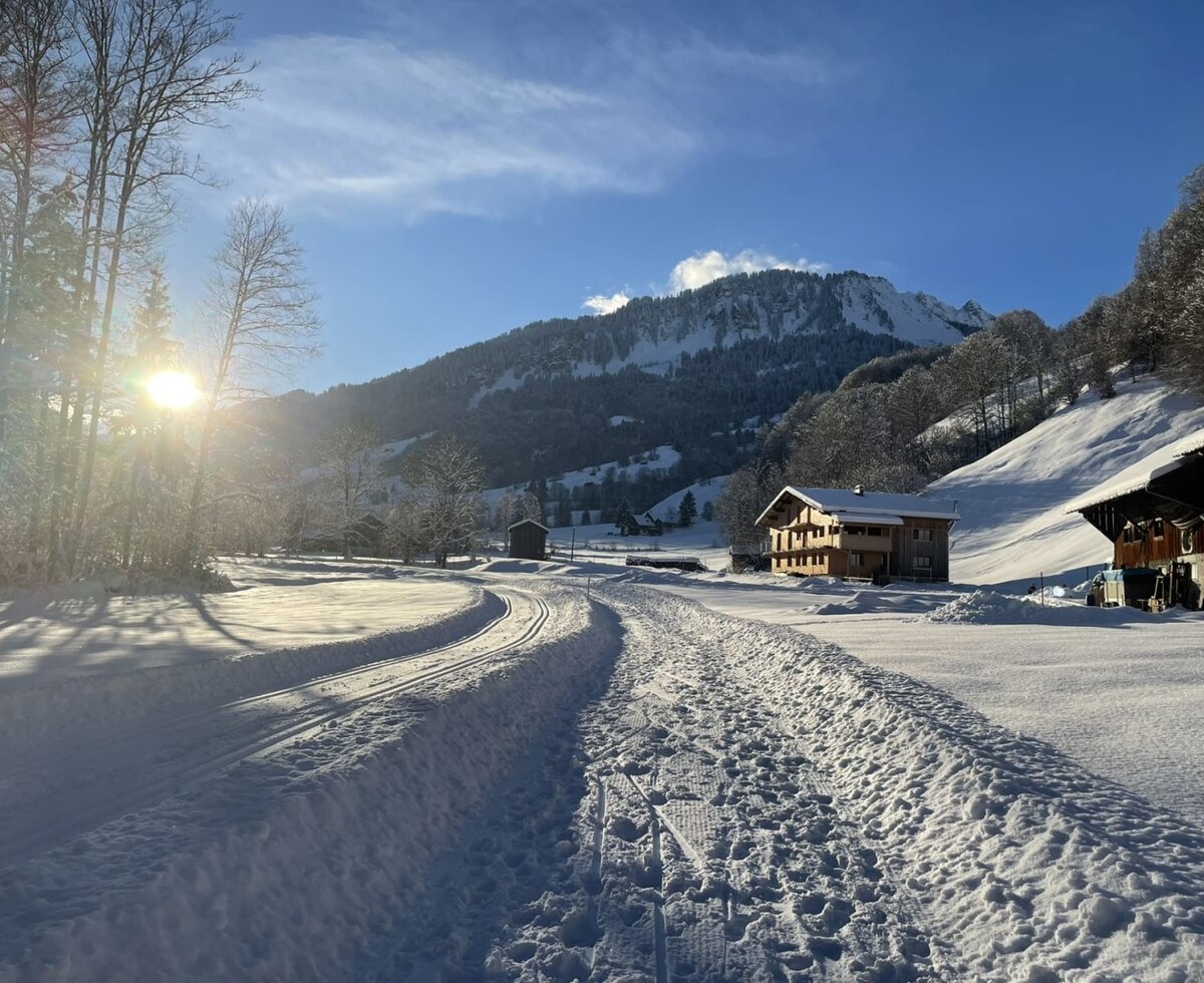 The apartment's snow-covered surroundings, featuring a sunlit winter landscape and scenic mountain views.