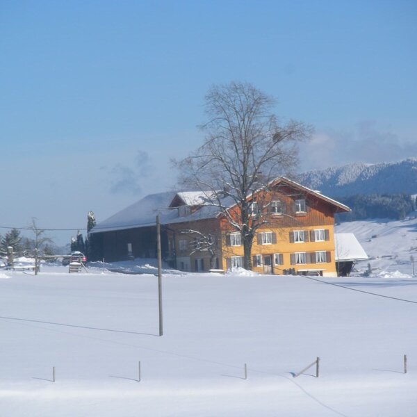 The yellow Farm House in a snow-covered landscape with mountains in the background.
