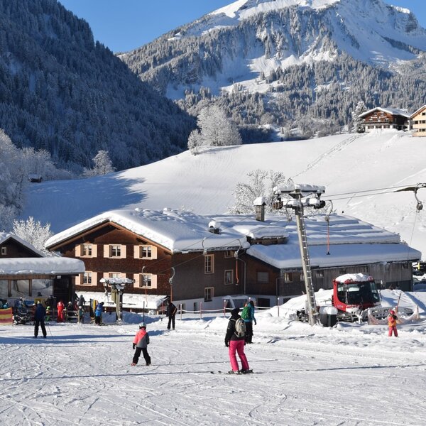 The Farm House is located in a snowy mountain area with a ski slope, skiers, and a ski lift. The Farm House is located in a snowy mountain area with a ski slope, skiers, and a ski lift.