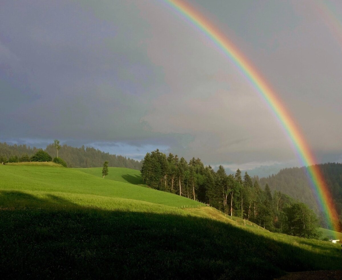 A rainbow stretches over the green hills and forest landscape surrounding the Farm House.