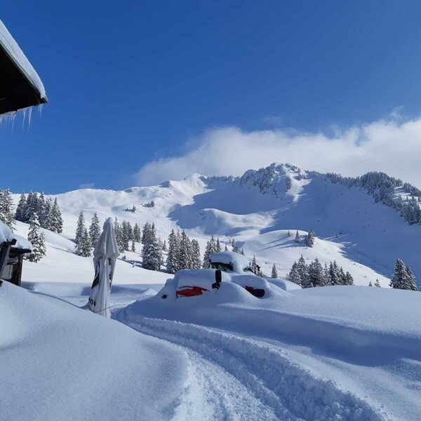 The winter landscape around the farmhouse, featuring snow-covered mountains, evergreen trees, and deep snow on the ground.